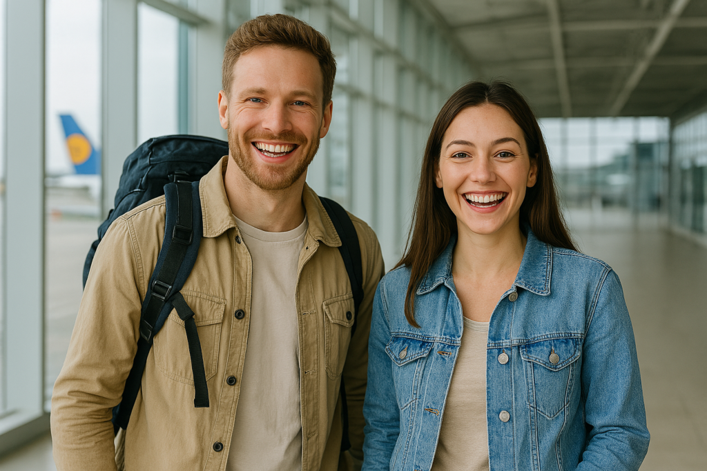 Zwei glückliche Reisende am Flughafen. Billigreisen Hagenberg