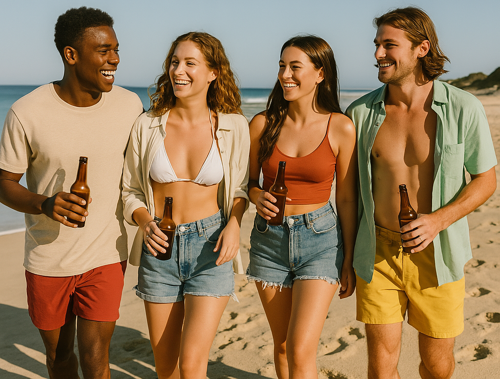 Gruppe von Leuten mit Drinks am Strand gehend. Studentenreisen Hagenberg