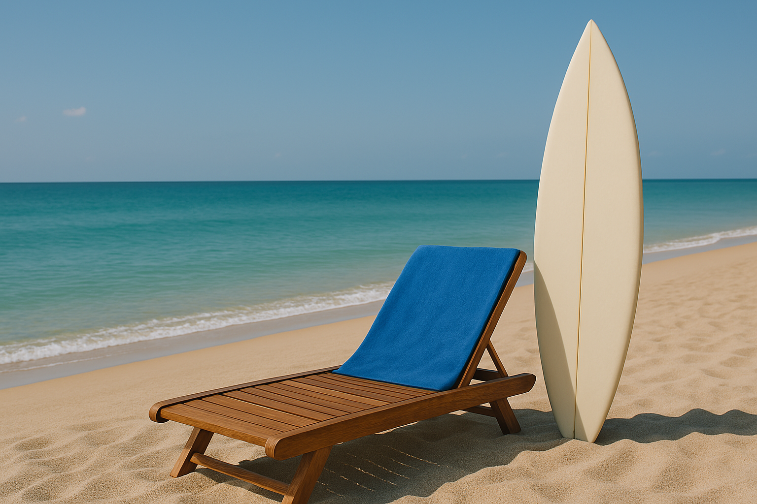 Liege mit Surfbrett am Strand mit Meer im Hintergrund. Studentenreisen Hagenberg